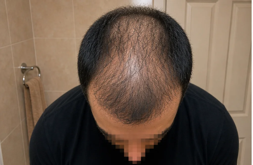 Anonymized top view showing transparent midscalp after a first surgery focused on the hairline