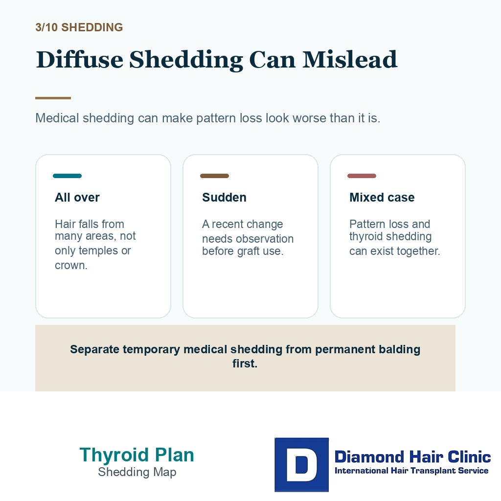 Thyroid hair transplant timing carousel slide 3 showing diffuse shedding can mislead