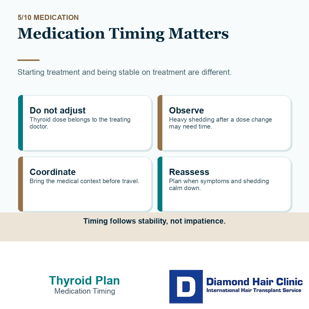 Thyroid hair transplant timing carousel slide 5 showing medication timing matters