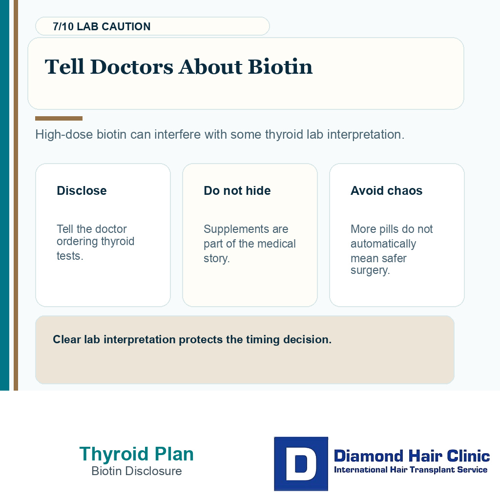 Thyroid hair transplant timing carousel slide 7 showing tell doctors about biotin
