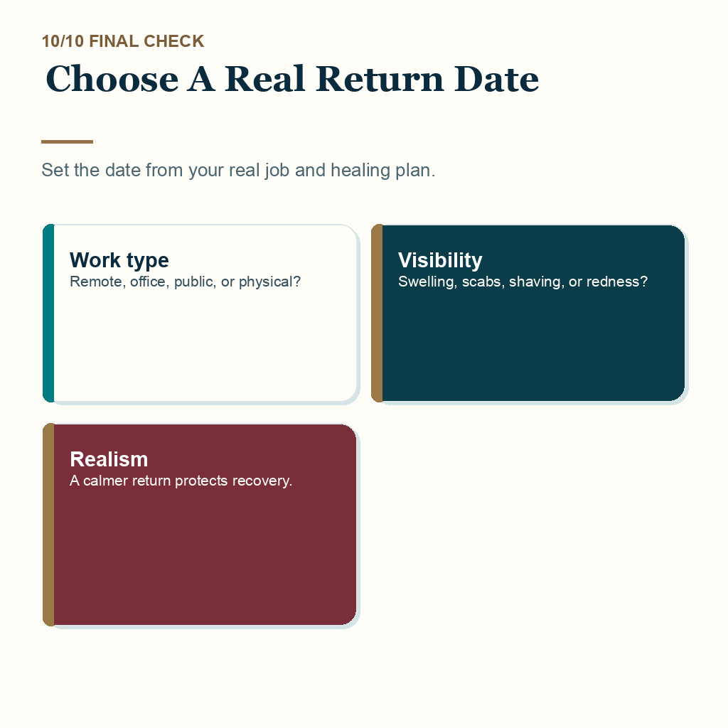 Time off work slide 10 explaining choose a real return date after hair transplant