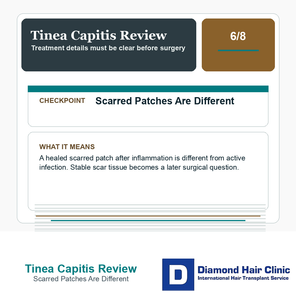 Tinea Capitis Review carousel slide about scarred patches are different