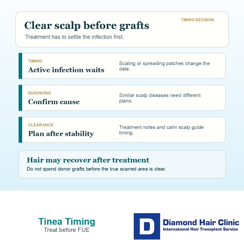 Support card explaining that active tinea capitis needs treatment and stability before FUE planning continues.