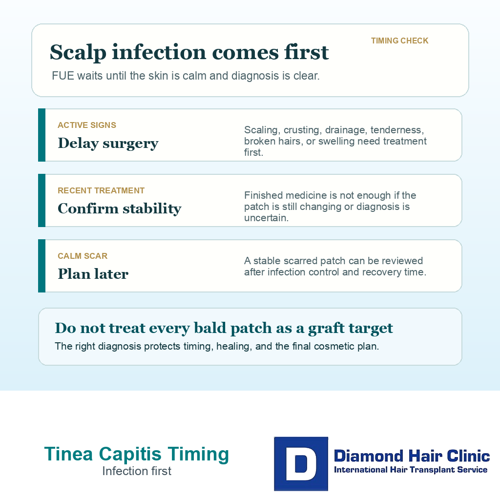 Support card explaining when tinea capitis should delay FUE and when a calm scarred patch can be planned later.