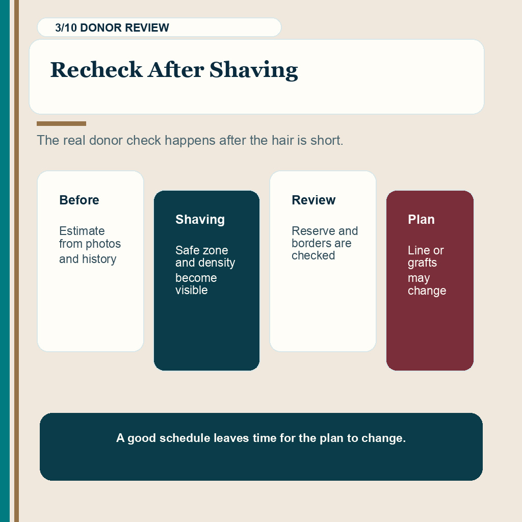 Slide 3 of 10 about hair transplant surgery day capacity proof check for Recheck After Shaving
