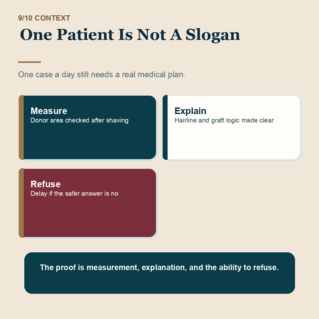 Slide 9 of 10 about hair transplant surgery day capacity proof check for One Patient Is Not A Slogan