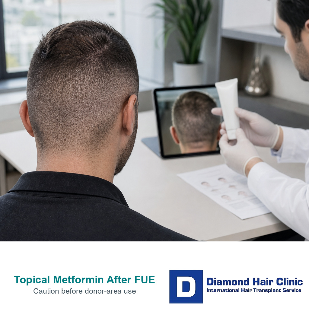 Anonymous FUE donor area being reviewed beside a plain unlabelled topical cream tube before donor-area use.