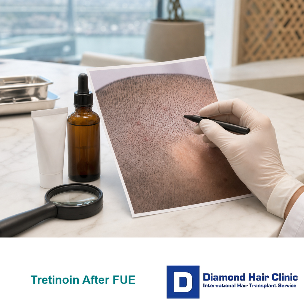 Clinical desk with topical tretinoin review materials and a post FUE scalp photo