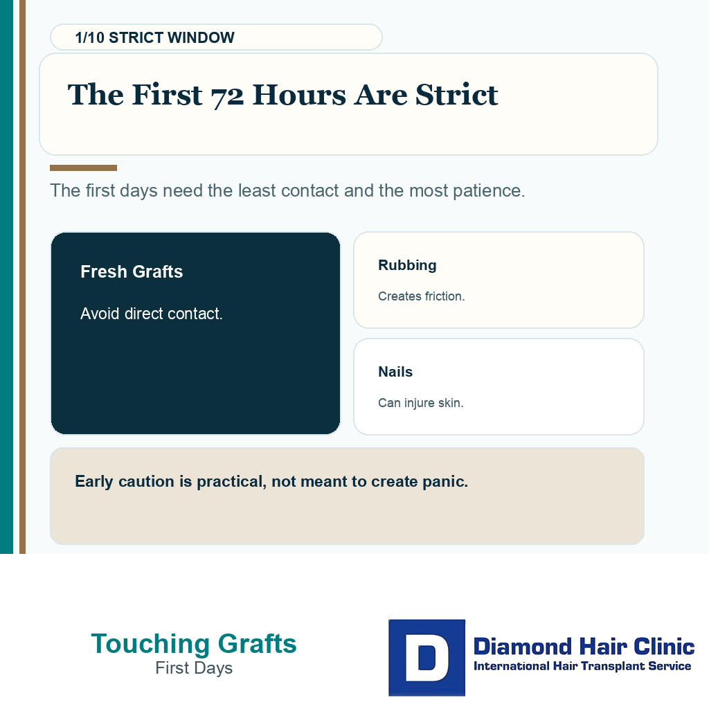 Touching grafts recovery carousel slide 1 explaining the first 72 hours are strict