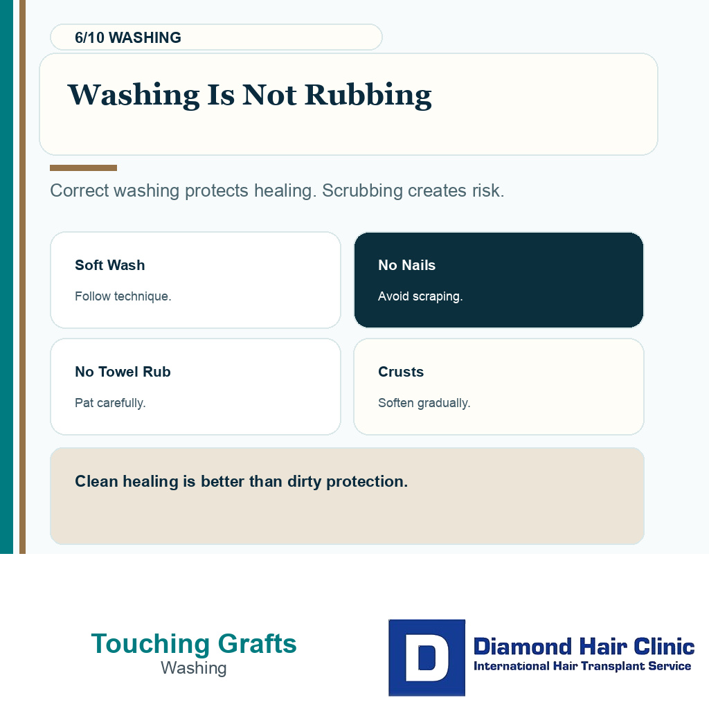 Touching grafts recovery carousel slide 6 explaining washing is not rubbing