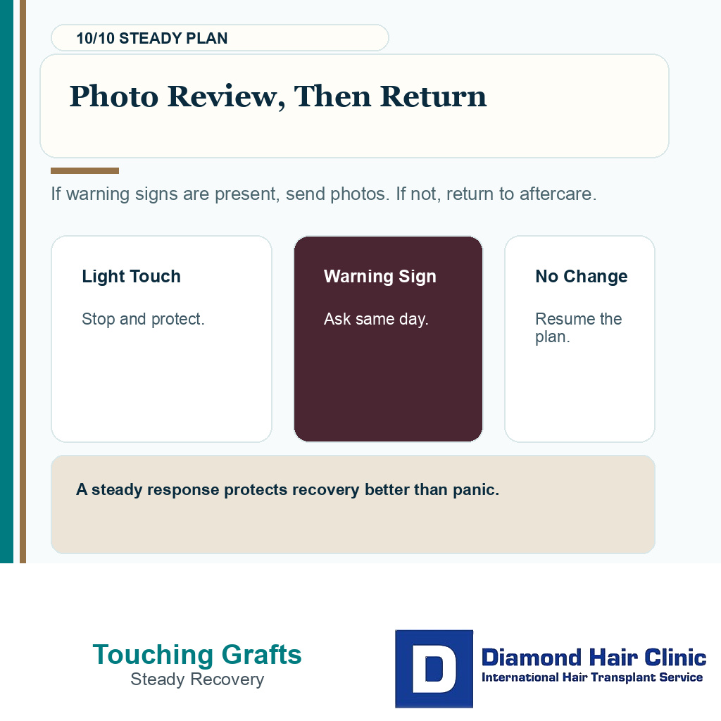 Touching grafts recovery carousel slide 10 explaining photo review, then return