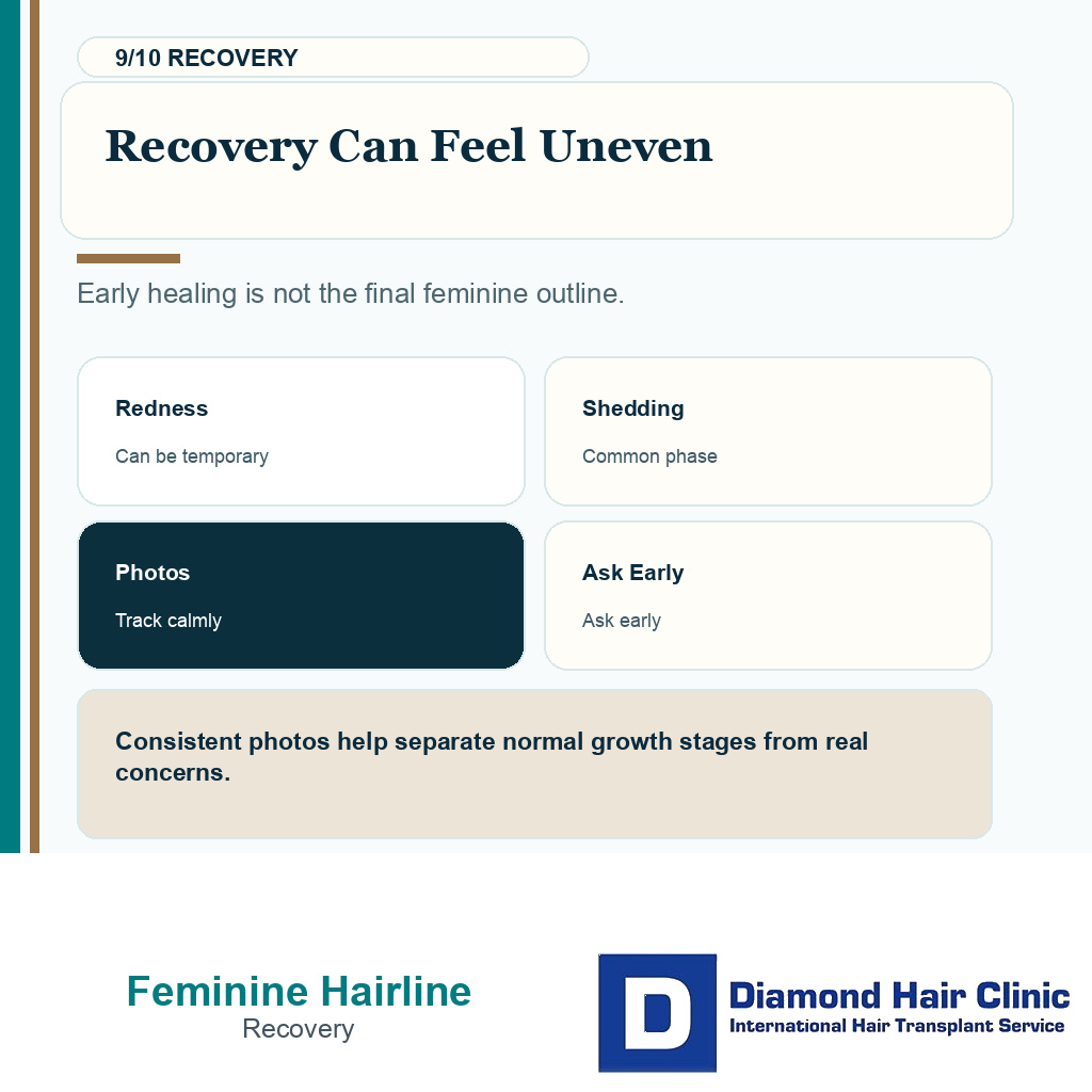 Transgender feminine hairline carousel slide 9 explaining recovery can feel uneven