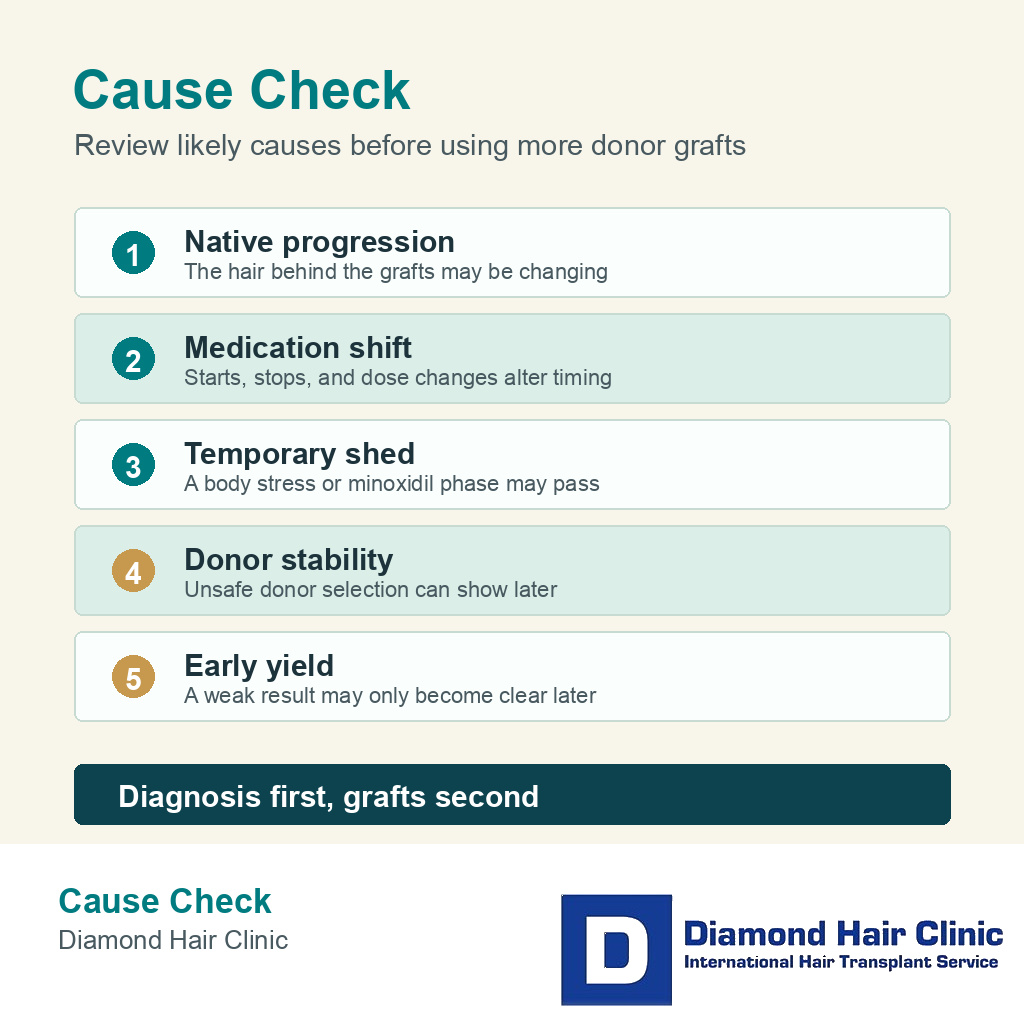 Information card listing causes to review before another hair transplant when transplanted hair looks thinner years later