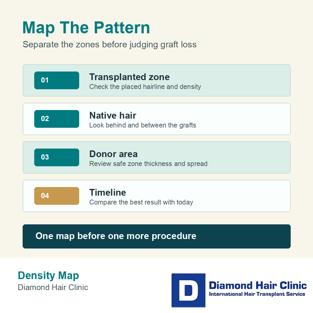 Information card showing how to map transplanted native and donor areas when hair looks thinner years later
