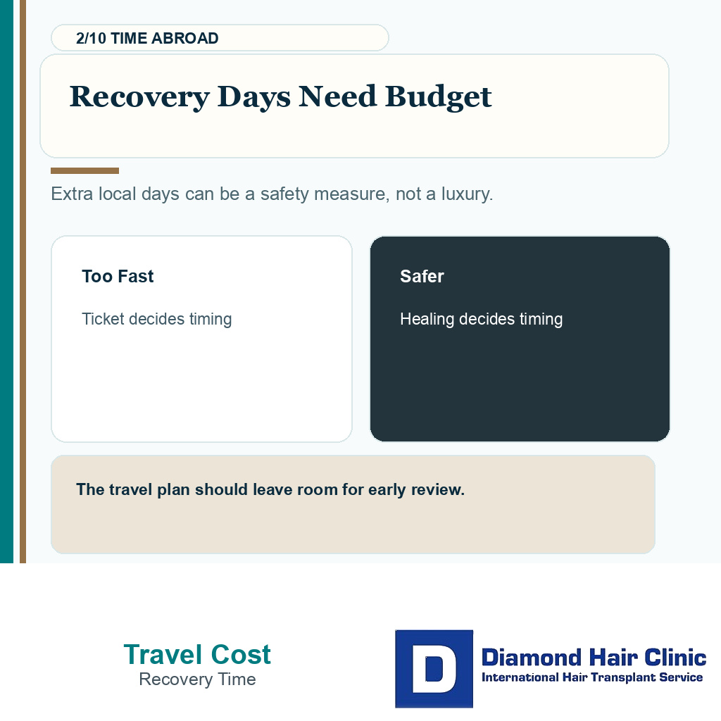 Travel abroad carousel slide 2 explaining recovery day budgeting