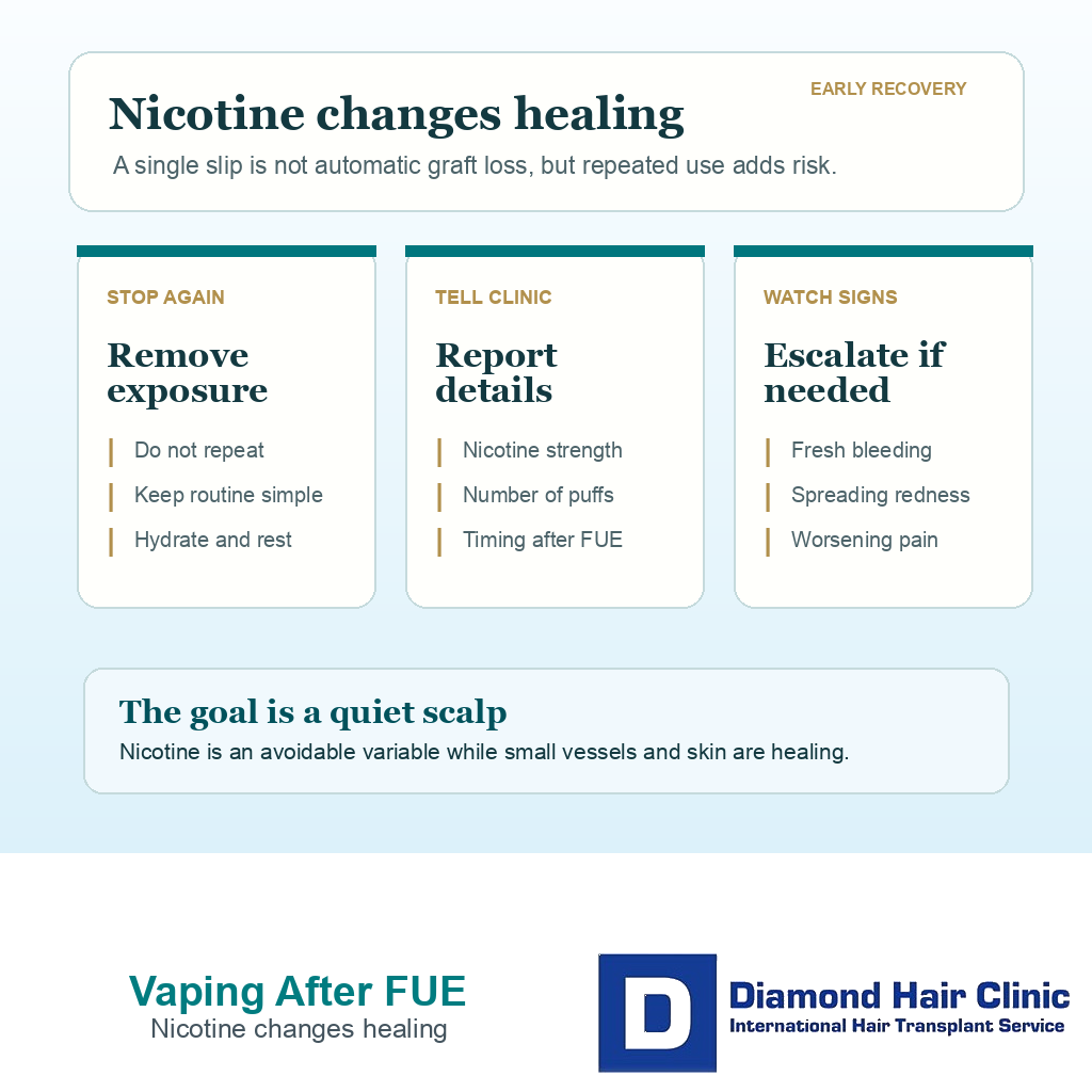 Support card showing what to do after vaping during early FUE recovery, including stopping again, reporting details, and watching warning signs.