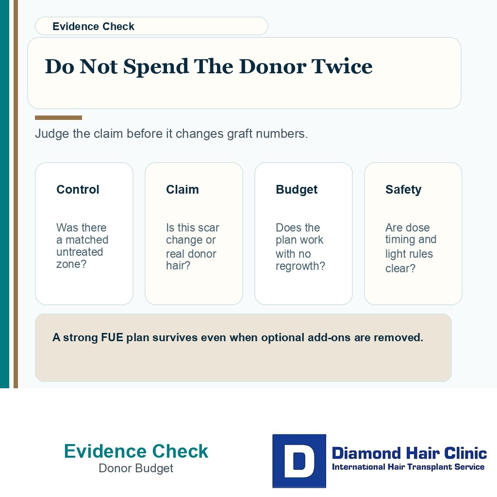 Information card showing how to judge verteporfin donor regrowth claims before hair transplant planning