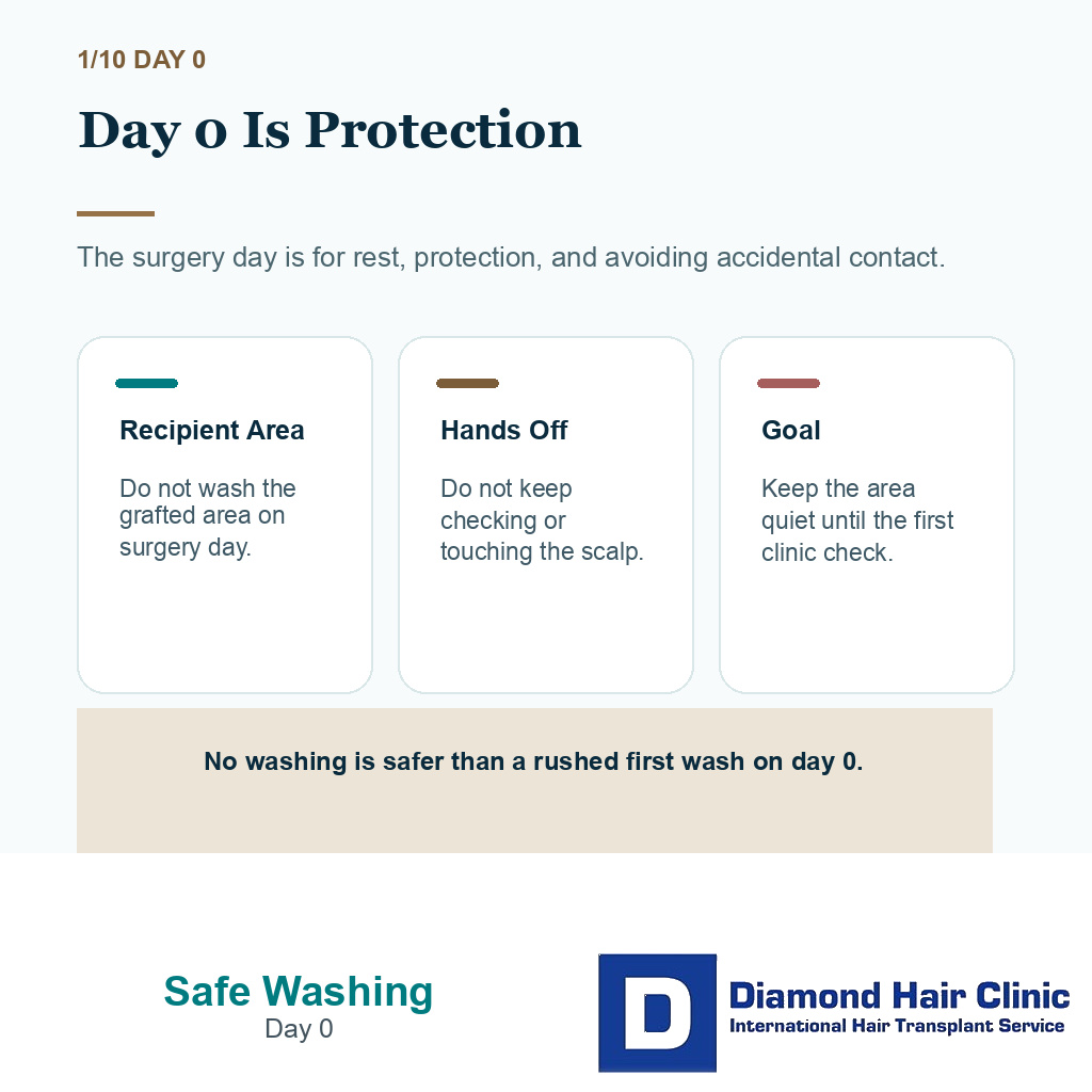 Wash hair after hair transplant carousel slide 1 explaining day 0 is protection