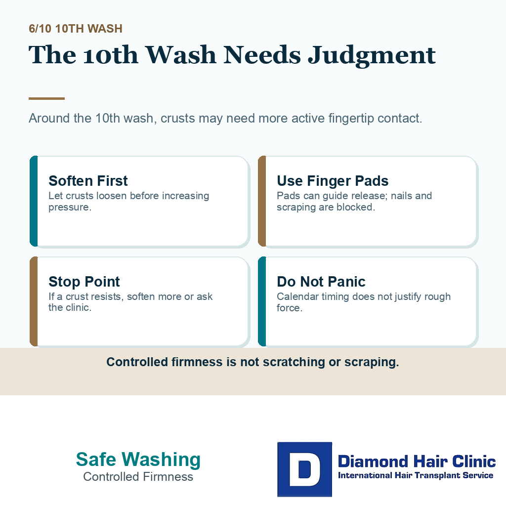 Wash hair after hair transplant carousel slide 6 explaining the 10th wash needs judgment
