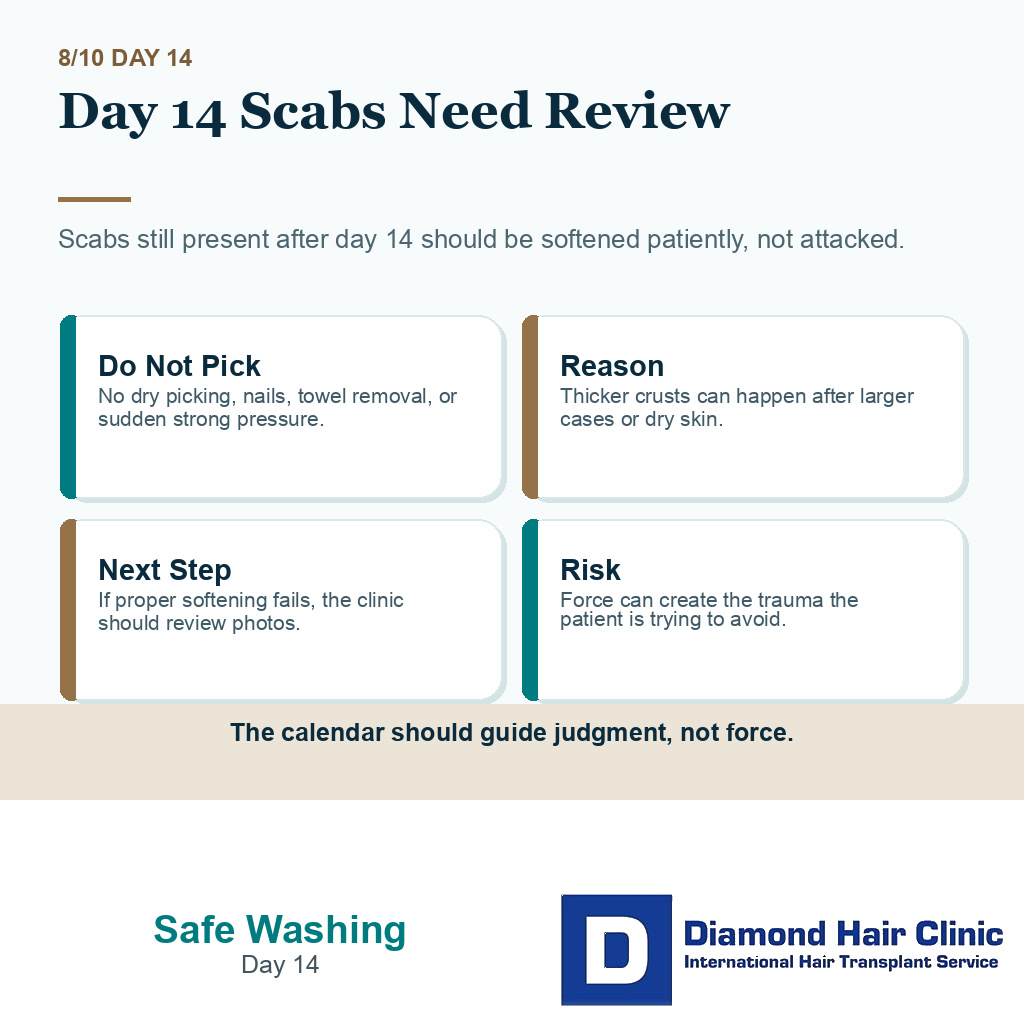 Wash hair after hair transplant carousel slide 8 explaining day 14 scabs need review