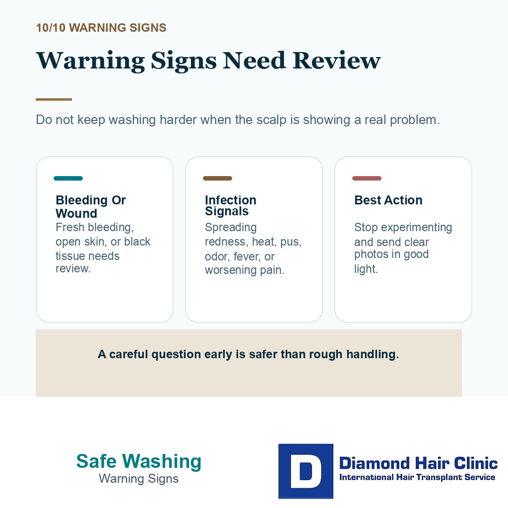 Wash hair after hair transplant carousel slide 10 explaining warning signs need review