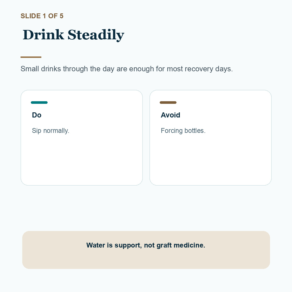 Water after FUE slide showing steady sipping, simple food, and symptom reporting instead of panic drinking