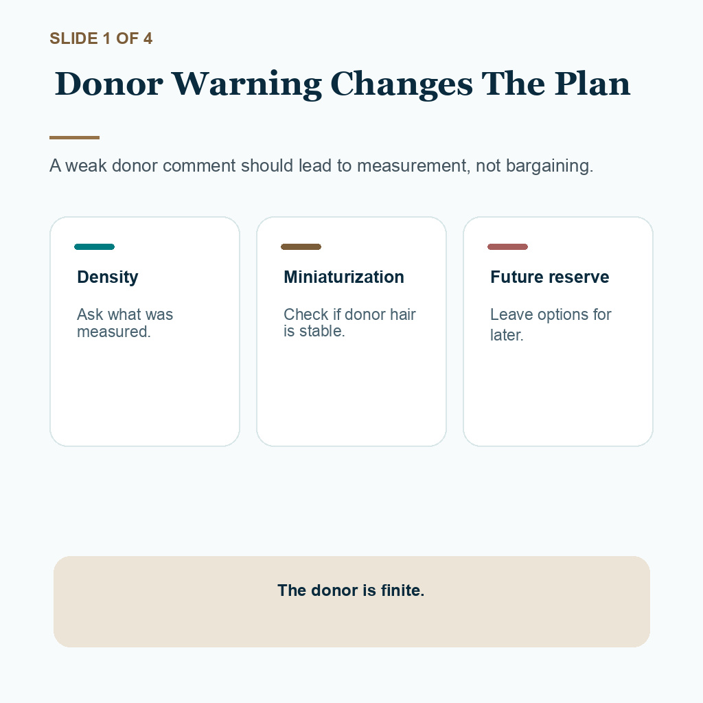 Diamond Hair Clinic support carousel slide 1 of 4 showing donor warning changes the plan