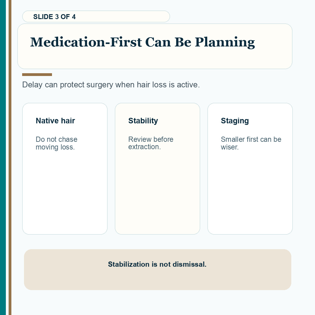 Diamond Hair Clinic support carousel slide 3 of 4 showing medicine first planning before extraction