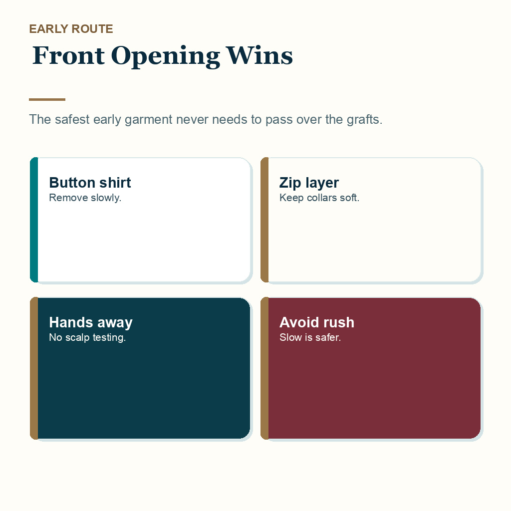 What to wear after hair transplant slide 1 explaining front opening clothing