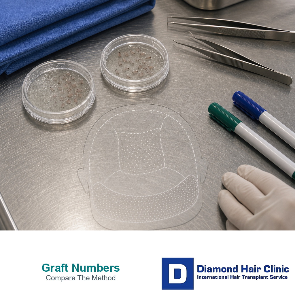 Faceless sterile graft dishes markers and blank donor map for comparing graft number estimates