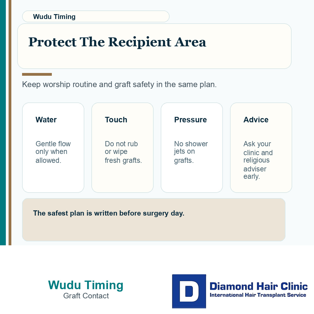 Information card showing wudu timing and graft contact checks after hair transplant