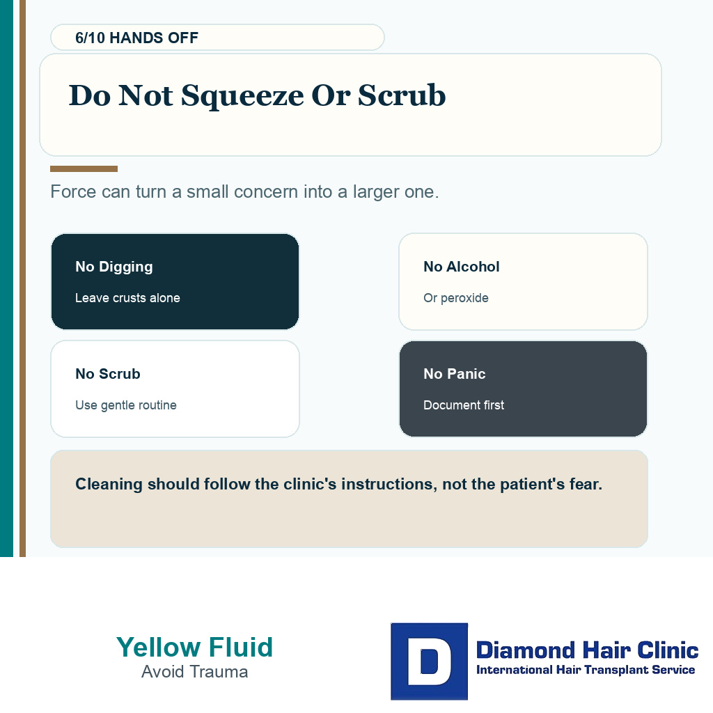 Yellow fluid carousel slide 6 warning not to squeeze or scrub
