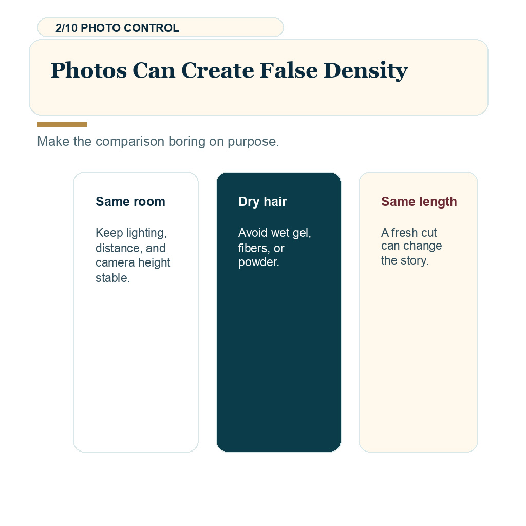 Ten month hair transplant result slide 2 explaining photos can create false density.