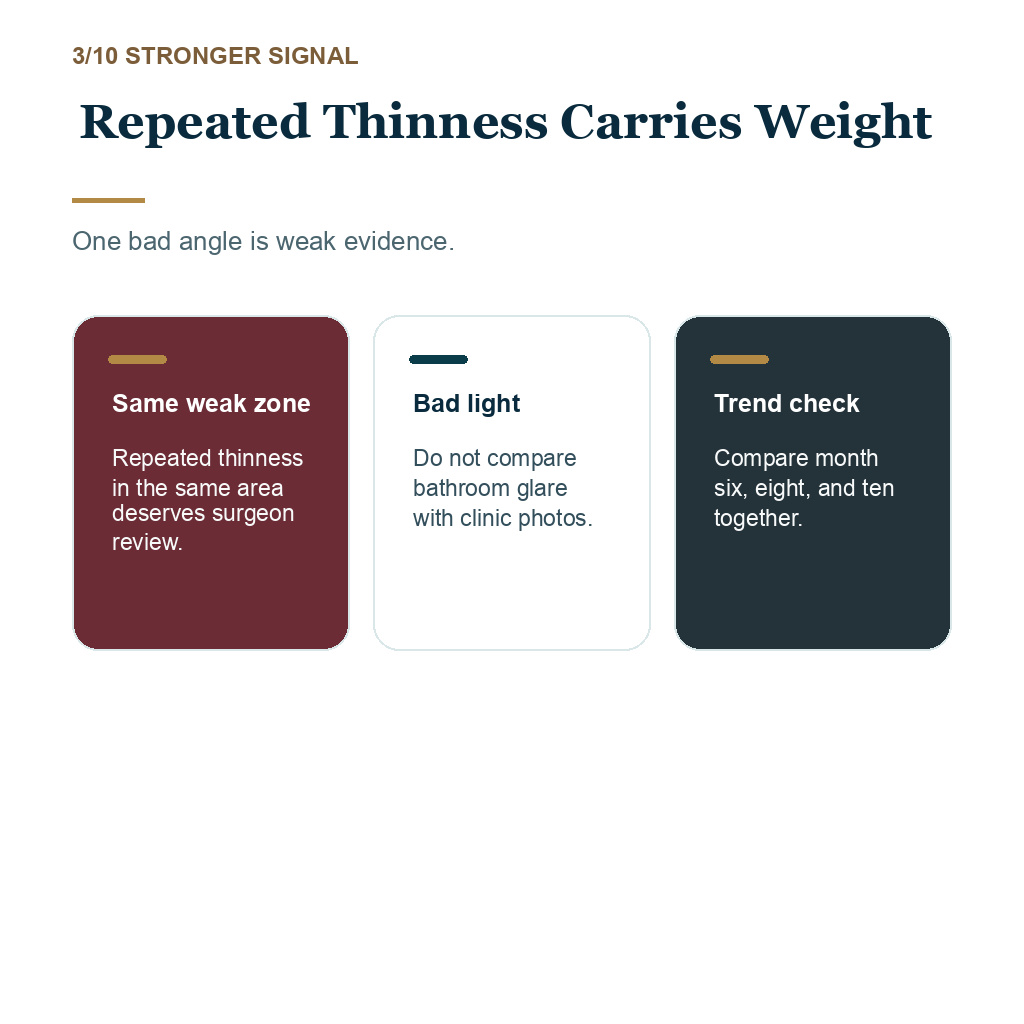 Ten month hair transplant result slide 3 explaining repeated thinness carries weight.