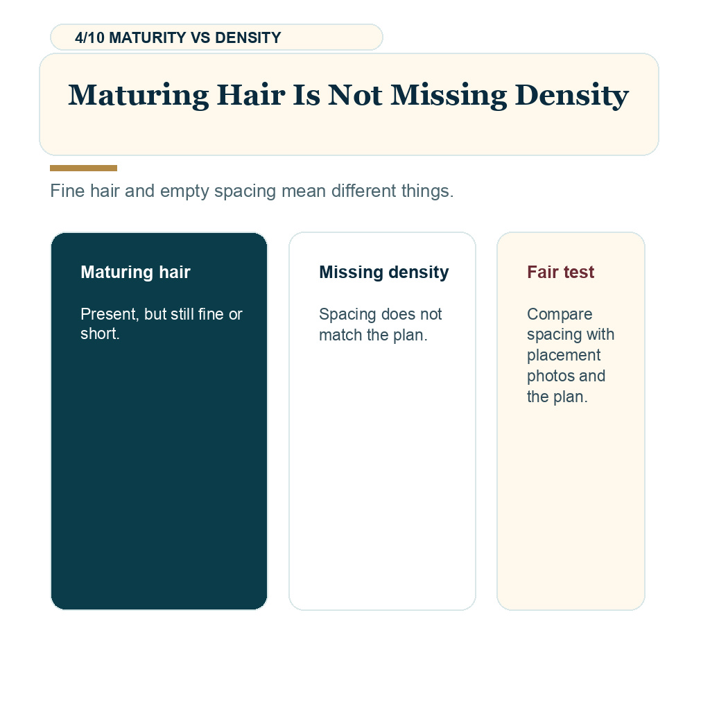 Ten month hair transplant result slide 4 explaining maturing hair is not missing density.