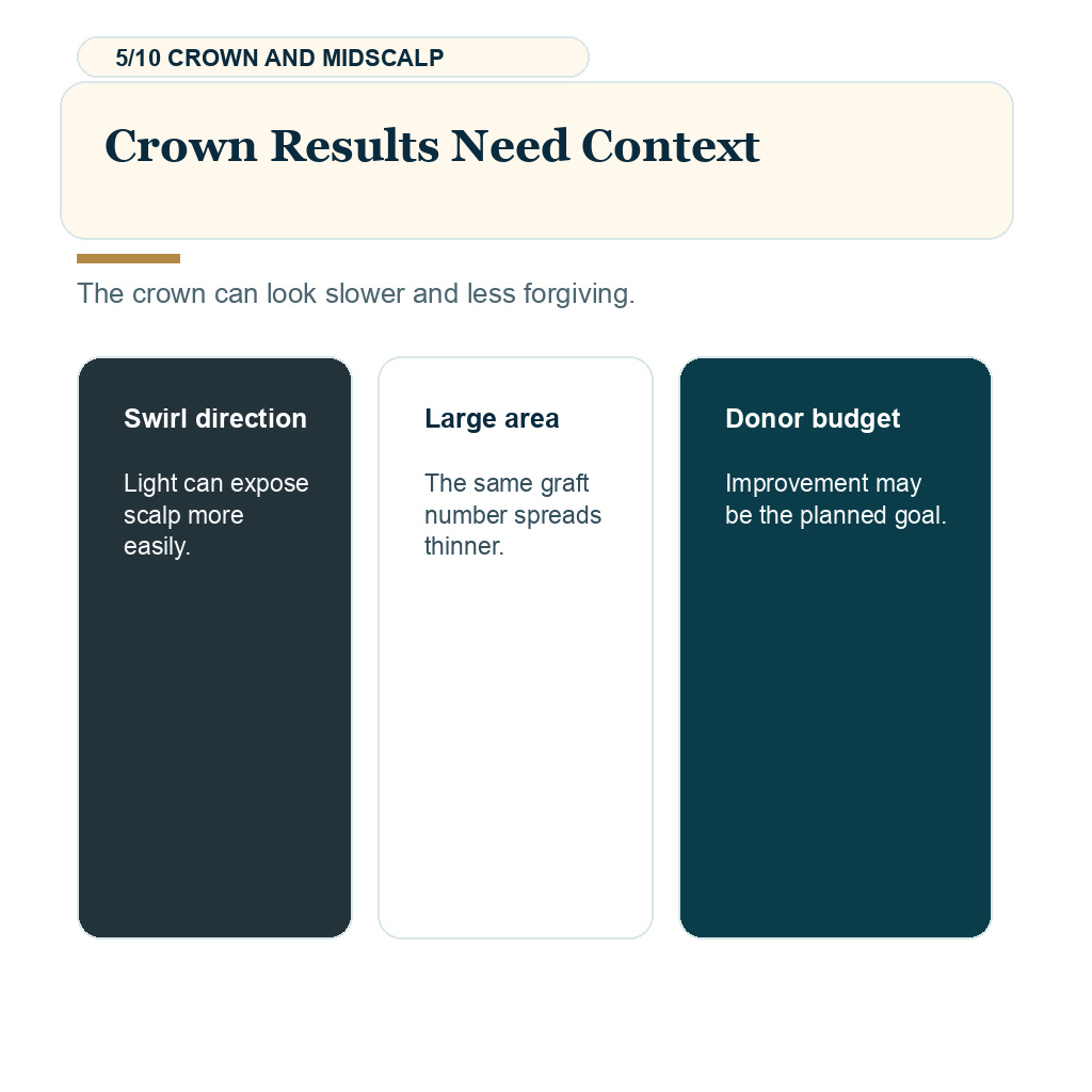 Ten month hair transplant result slide 5 explaining crown results need context.