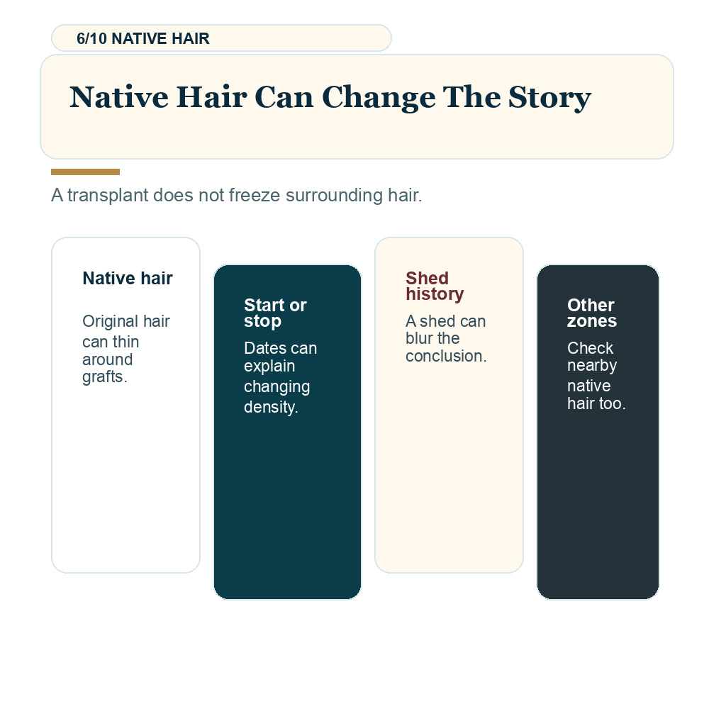 Ten month hair transplant result slide 6 explaining native hair can change the story.