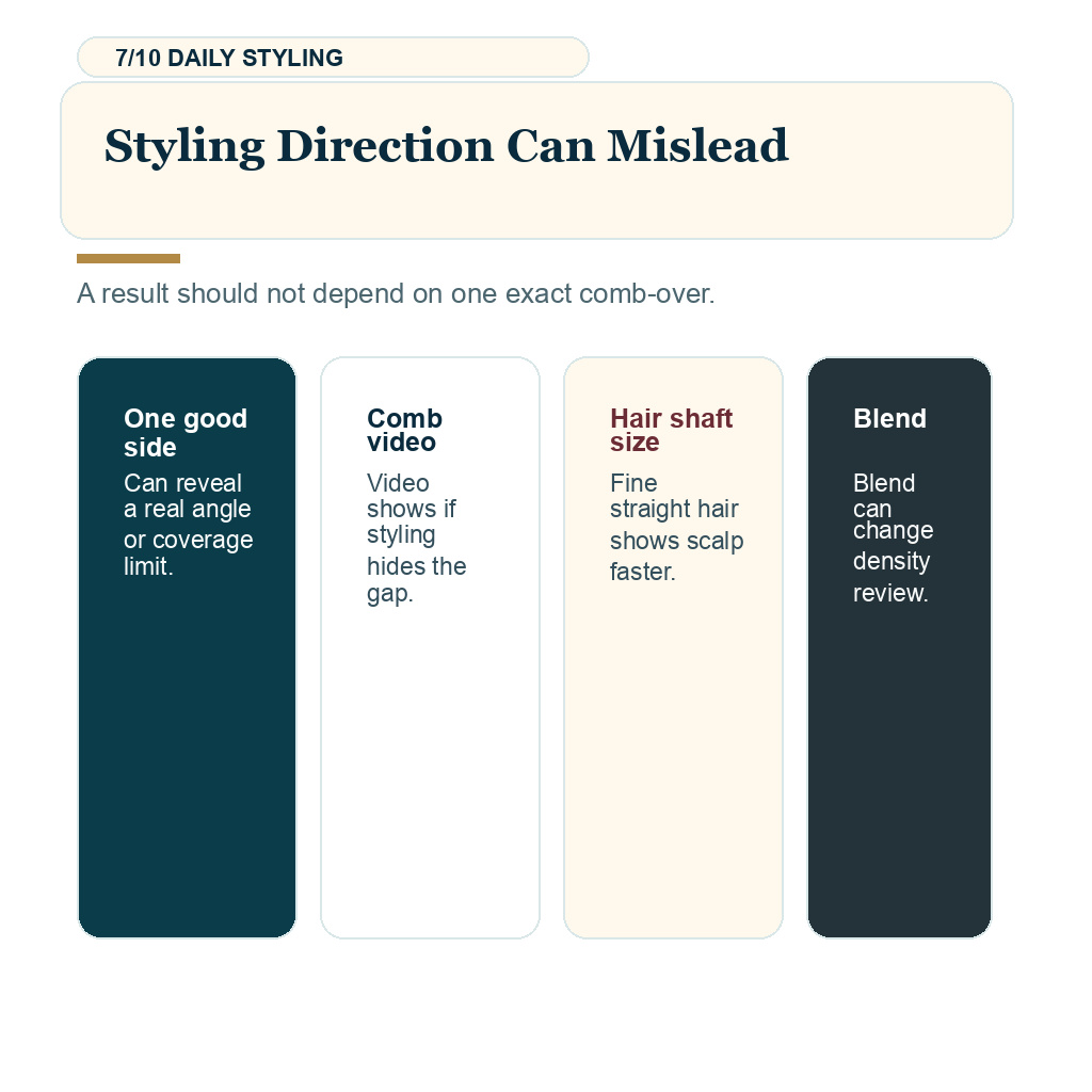 Ten month hair transplant result slide 7 explaining styling direction can mislead.