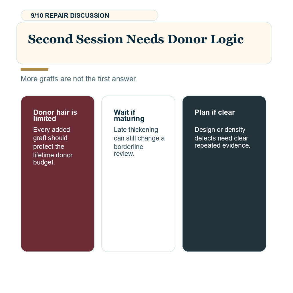 Ten month hair transplant result slide 9 explaining second session needs donor logic.