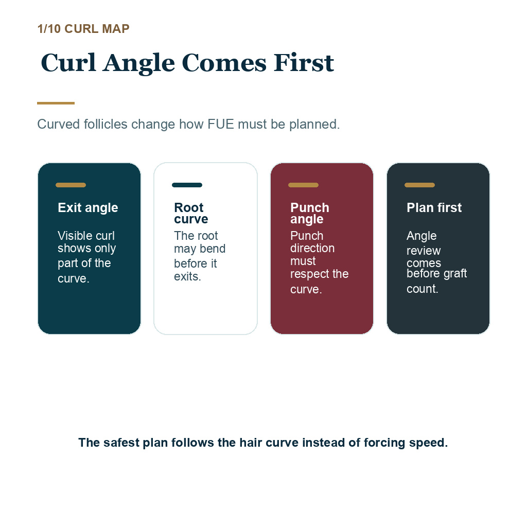 Carousel slide explaining curl angle comes first in Afro and very curly hair transplant planning.