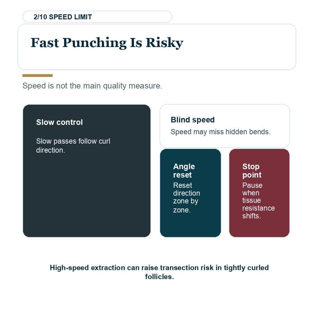 Carousel slide explaining fast punching is risky in Afro and very curly hair transplant planning.