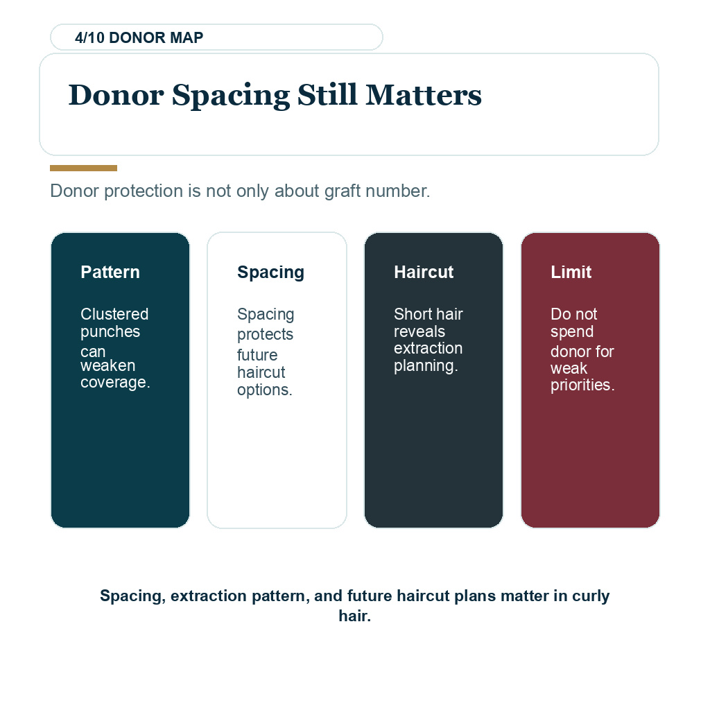 Carousel slide explaining donor spacing still matters in Afro and very curly hair transplant planning.
