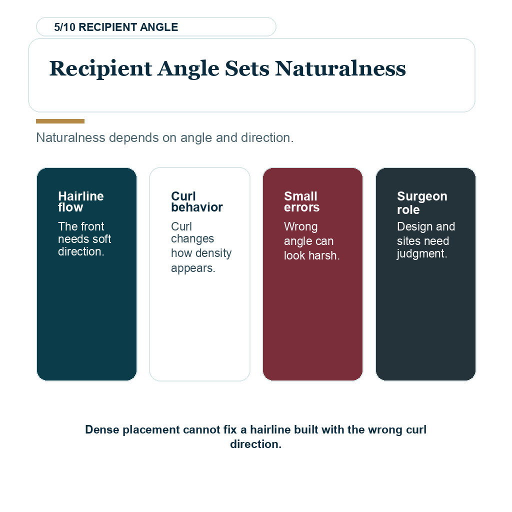 Carousel slide explaining recipient angle sets naturalness in Afro and very curly hair transplant planning.
