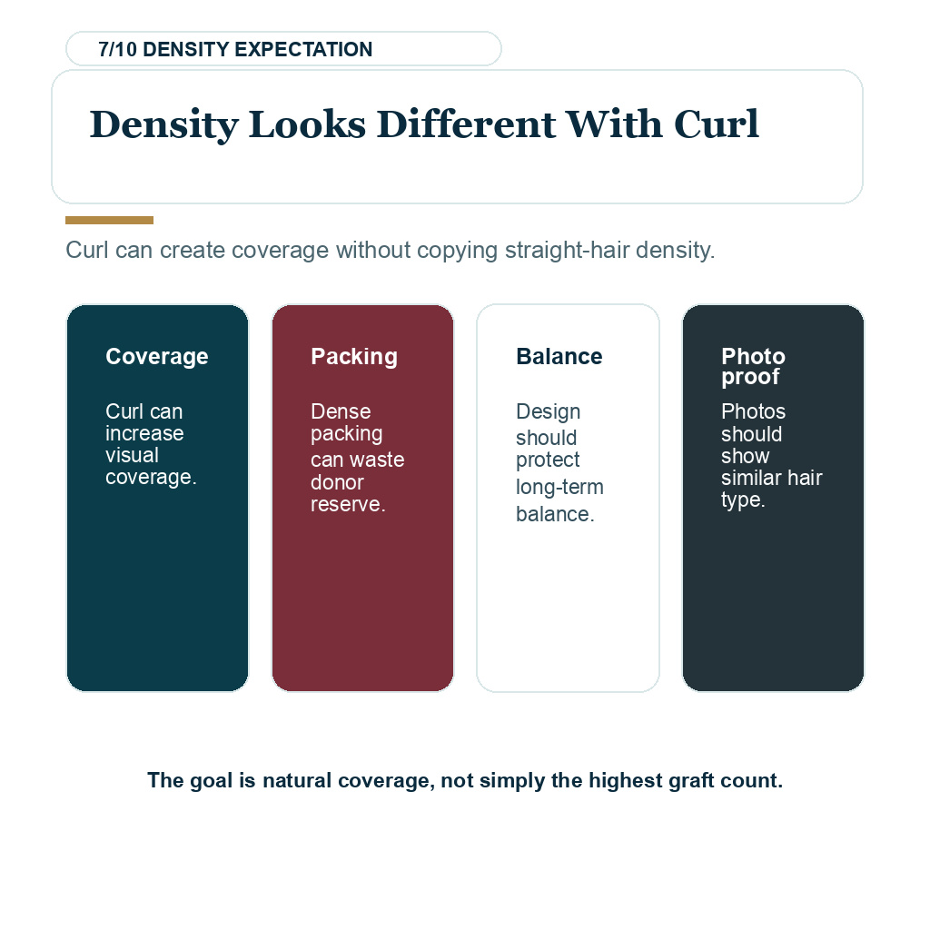 Carousel slide explaining density looks different with curl in Afro and very curly hair transplant planning.