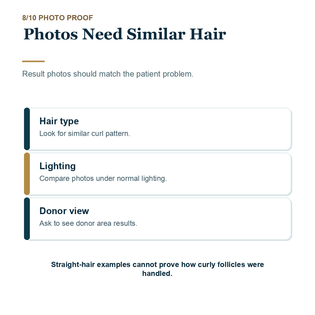 Carousel slide explaining photos need similar hair in Afro and very curly hair transplant planning.