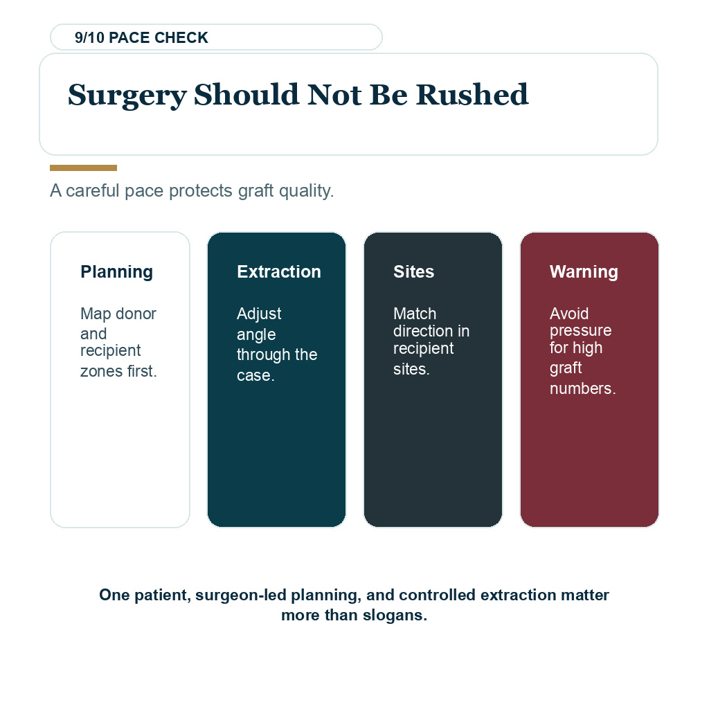 Carousel slide explaining surgery should not be rushed in Afro and very curly hair transplant planning.