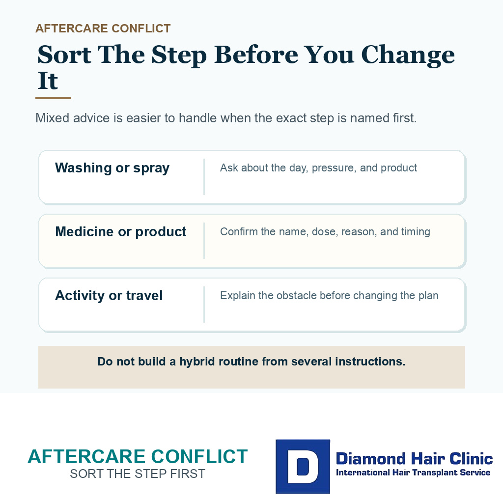 Diamond Hair Clinic support card showing washing, spray, medicine, and activity conflicts after FUE