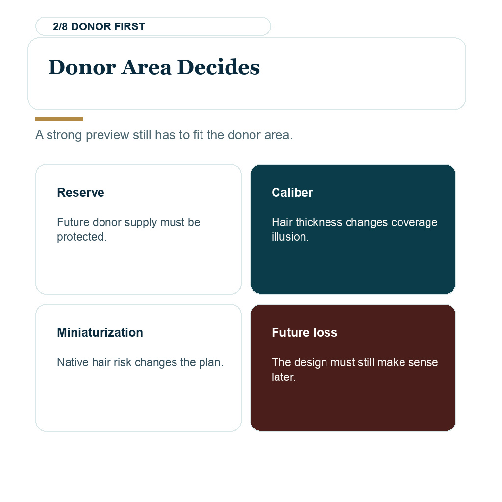 AI hair transplant simulation planning showing that the donor area decides.