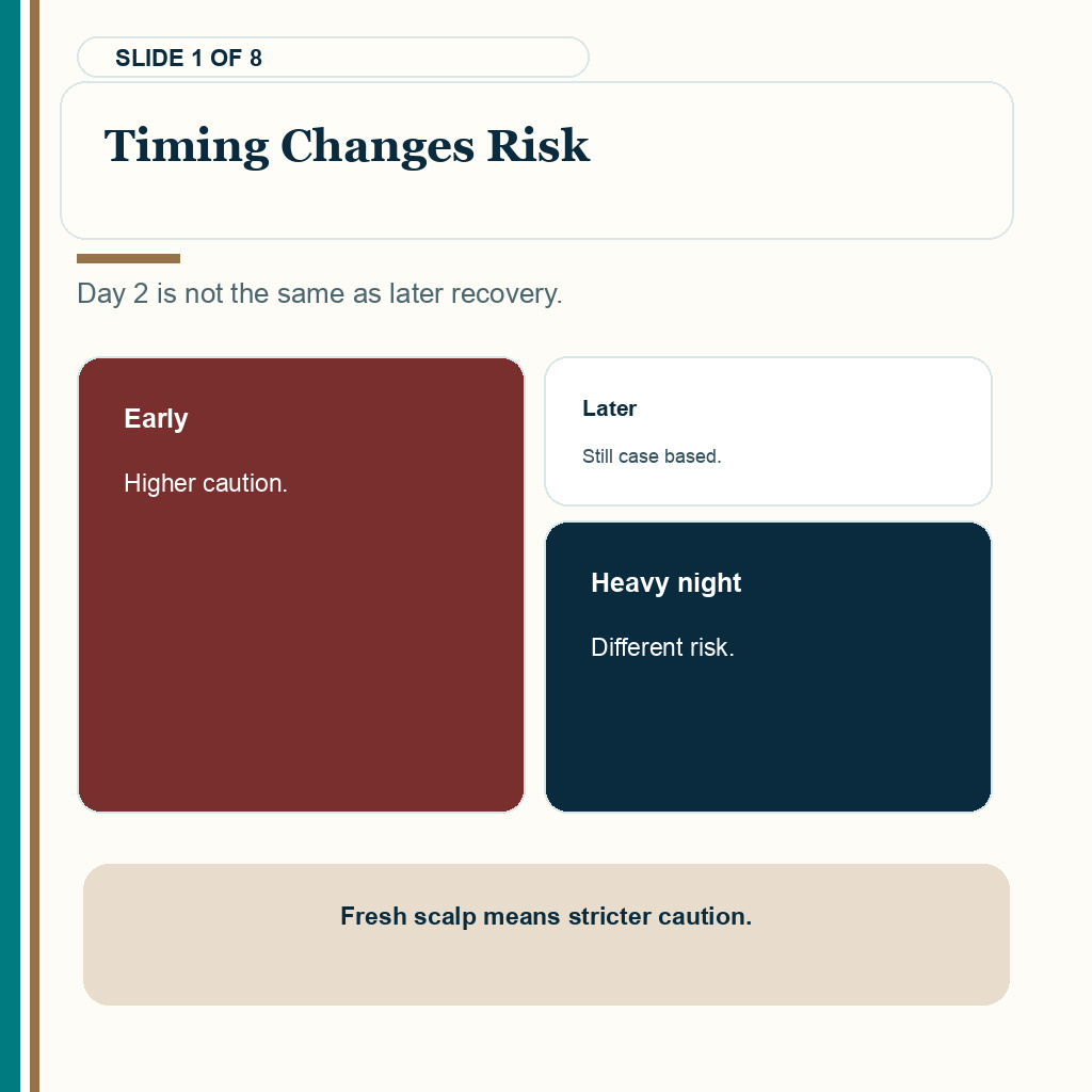 Timing changes risk when judging alcohol risk after a hair transplant.
