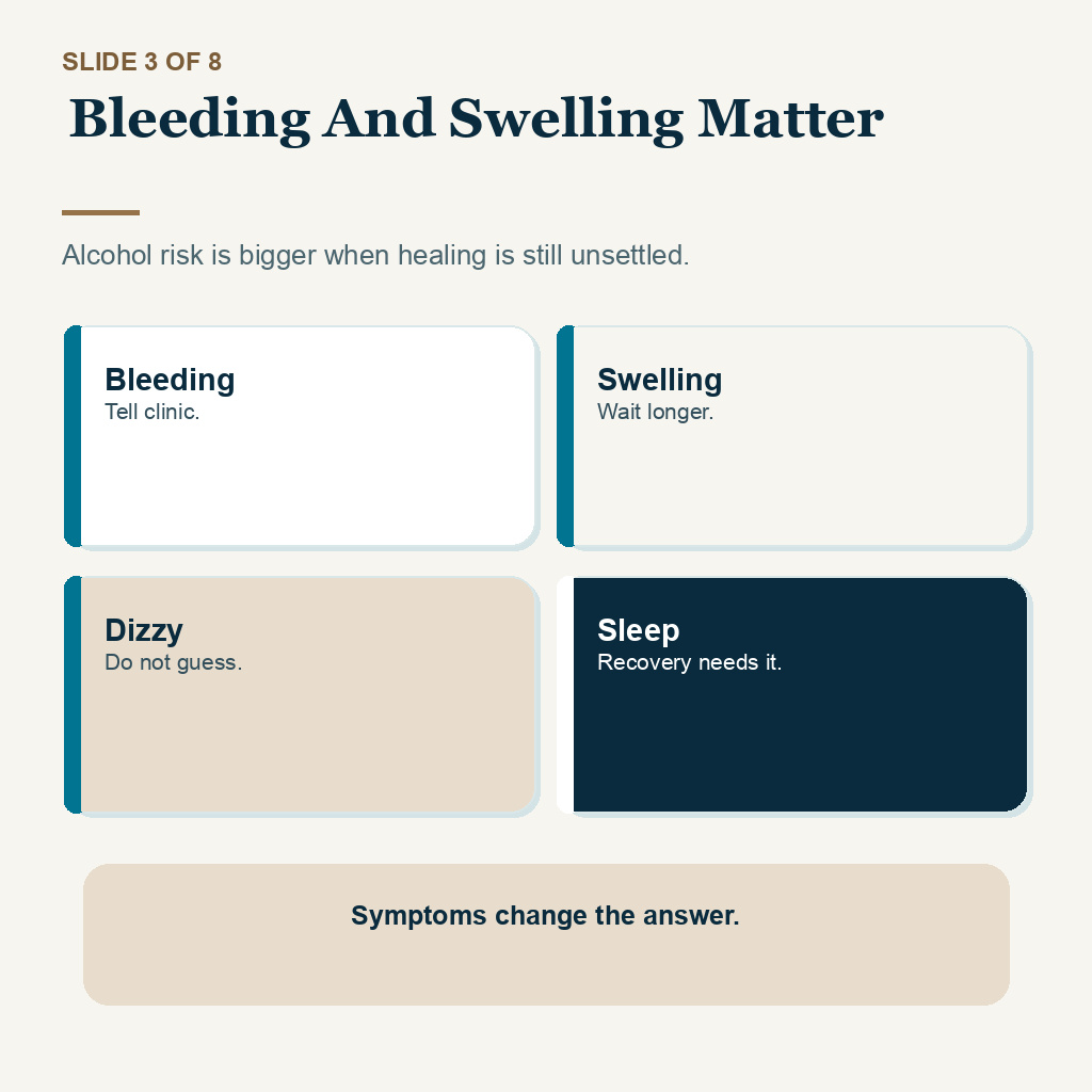 Bleeding and swelling matter when judging alcohol risk after a hair transplant.